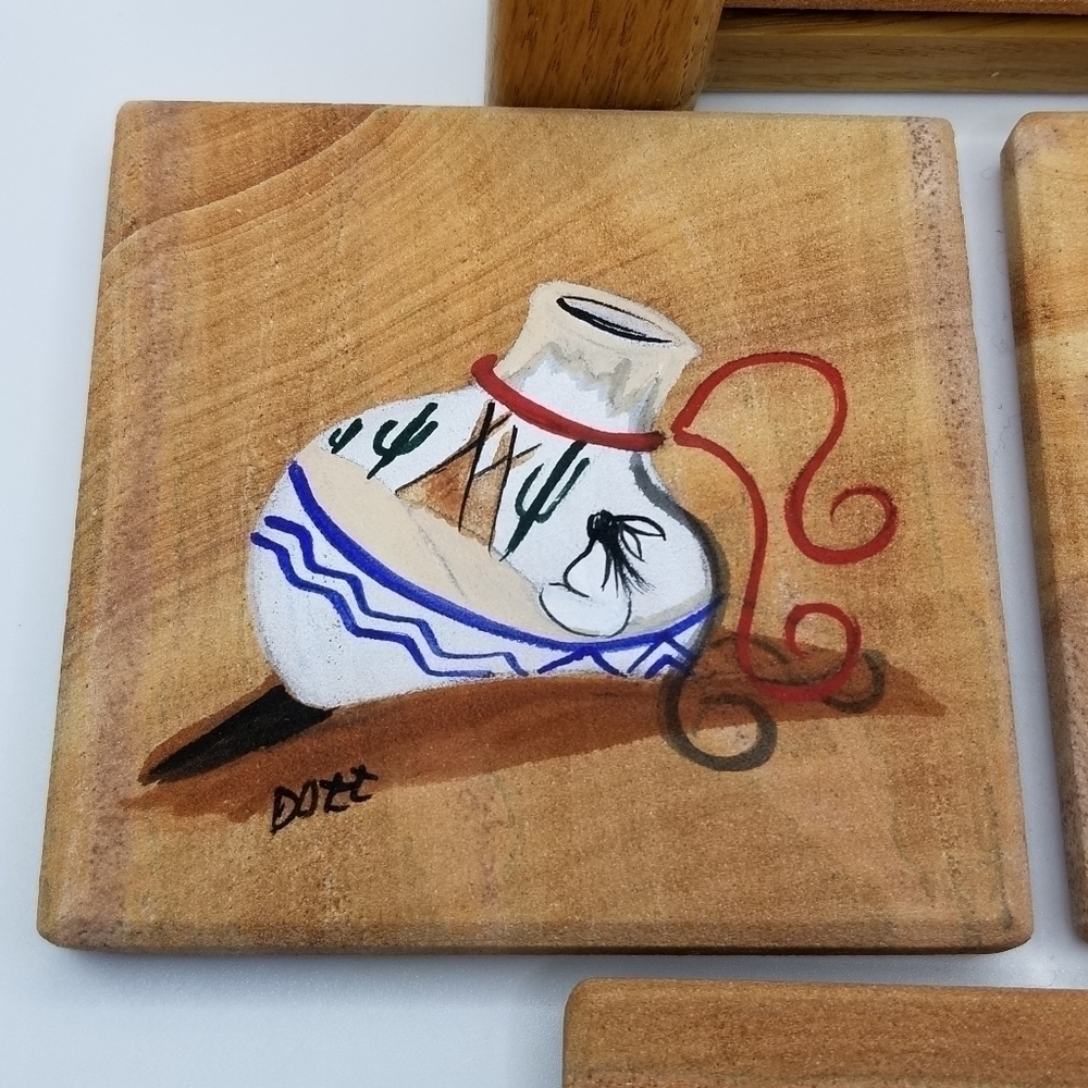 Drink Beverage Coasters Hand Painted Wood Holder Native American Southwest Set 4 - Picture 6 of 11